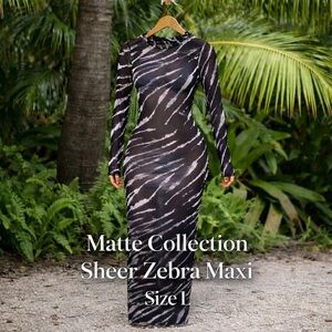 Matte Collection Zebra Print Sheer Mesh Maxi Dress Cover Up Stretch